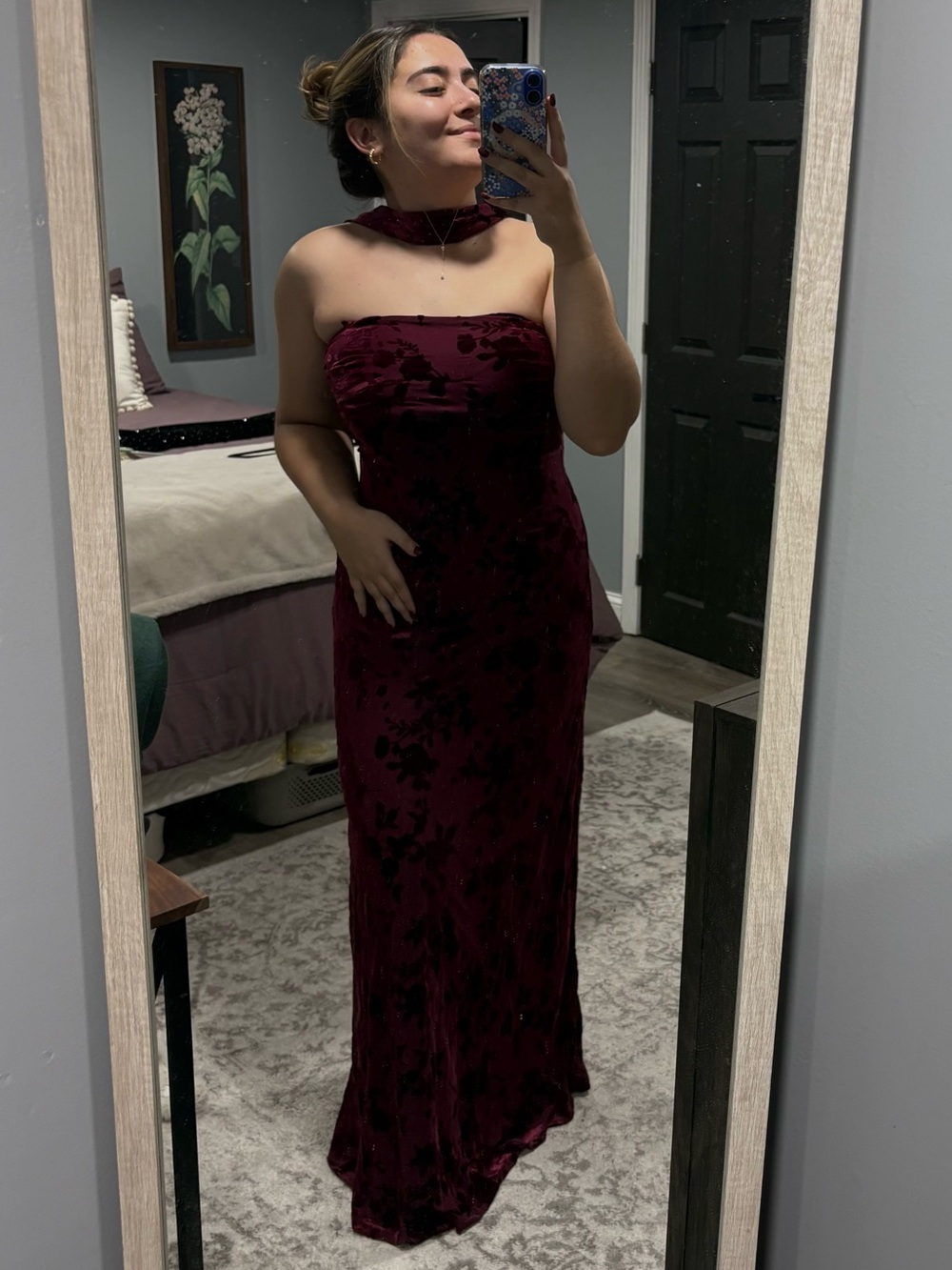Strapless Velvet Floral Maxi Dress